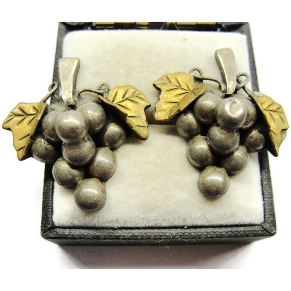 Gold Plated 925 Sterling Silver Grapes Vines Leaves Post Earrings Vintage Mexico